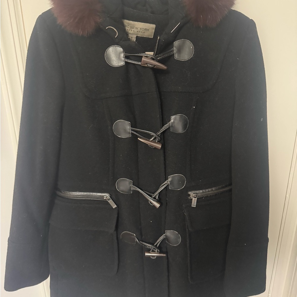 Andrew Marc Black Pea Coat with Dark Brown Fur Trim